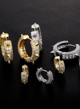 ICE BLING 芒刺锆石个性满钻耳环 欧美嘻哈街头朋克耳饰男士饰品