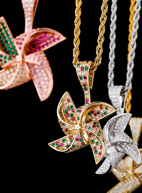 立体设计彩钻满钻风车吊坠项链