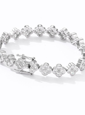 ICE BLING 四叶草纯银满钻锆石女士手链 超闪BLINGBLING手饰轻奢