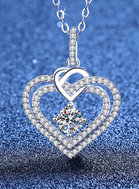 S925纯银双重爱心莫桑钻吊坠项链