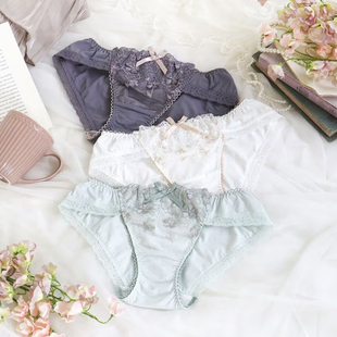 白绿灰464 牛奶丝透气甜美三角裤 Risa Magli优丽娜娜刺绣低腰内裤