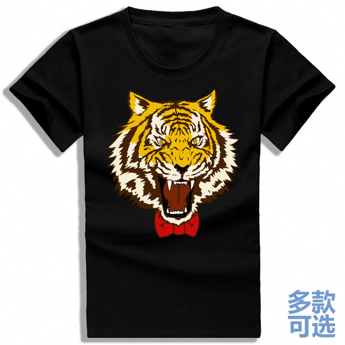 猛虎老虎头像蝴蝶结绅士打底直筒圆领全纯棉短袖t恤衫半袖衣服