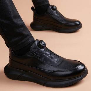 休闲鞋 钮扣运动休闲皮鞋 头层牛皮时尚 男士 子 真皮厚底增高百搭潮鞋