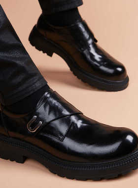 头层牛皮休闲皮鞋男款真皮2025新款透气英伦风商务厚底增高孟克鞋