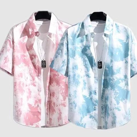 蓝白扎染短袖衬衫男款夏季宽松百搭痞帅高级感透气速干沙滩衬衣潮