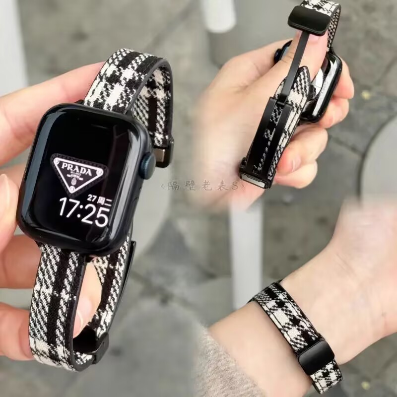 适用苹果watchs10/11细款毛呢格子纹磁吸扣iwatch98765se香风表带