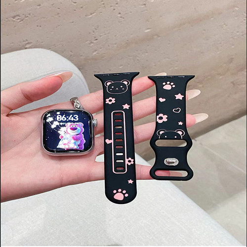 卡通双色硅胶小熊压纹表带适用苹果10applewatchse456789腕带表带