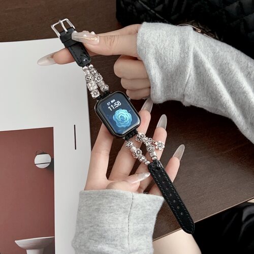 民族风适用华为gt6苹果S10/11手表带watch987串珠藏银花朵荣耀x5i