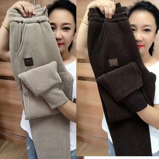 冬季加绒加厚羊羔绒休闲卫裤女抗寒保暖哈伦裤小个子卡其色裤子