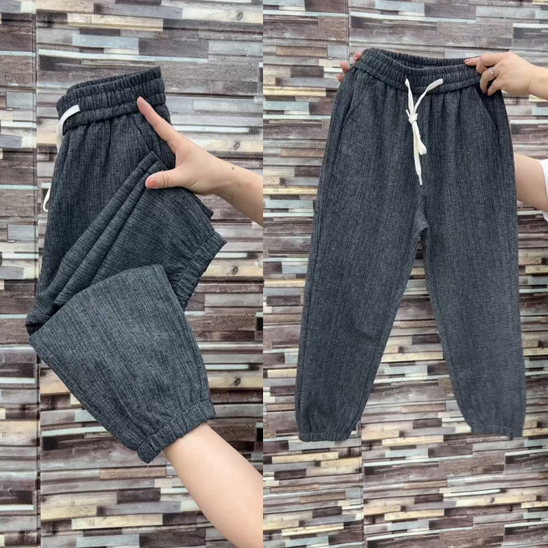 春季新款九分女裤百搭宽松镶钻束脚裤子小个子黑色松紧腰休闲卫裤