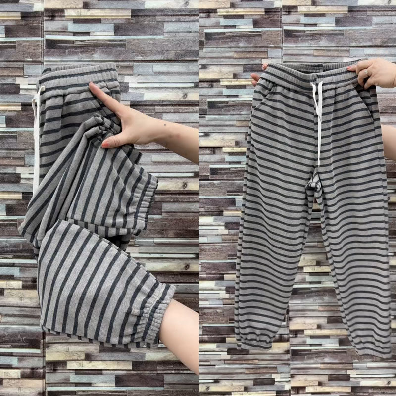 春季新款斑马条纹休闲哈伦裤女高腰撞色束脚裤显瘦洋气九分灯笼裤