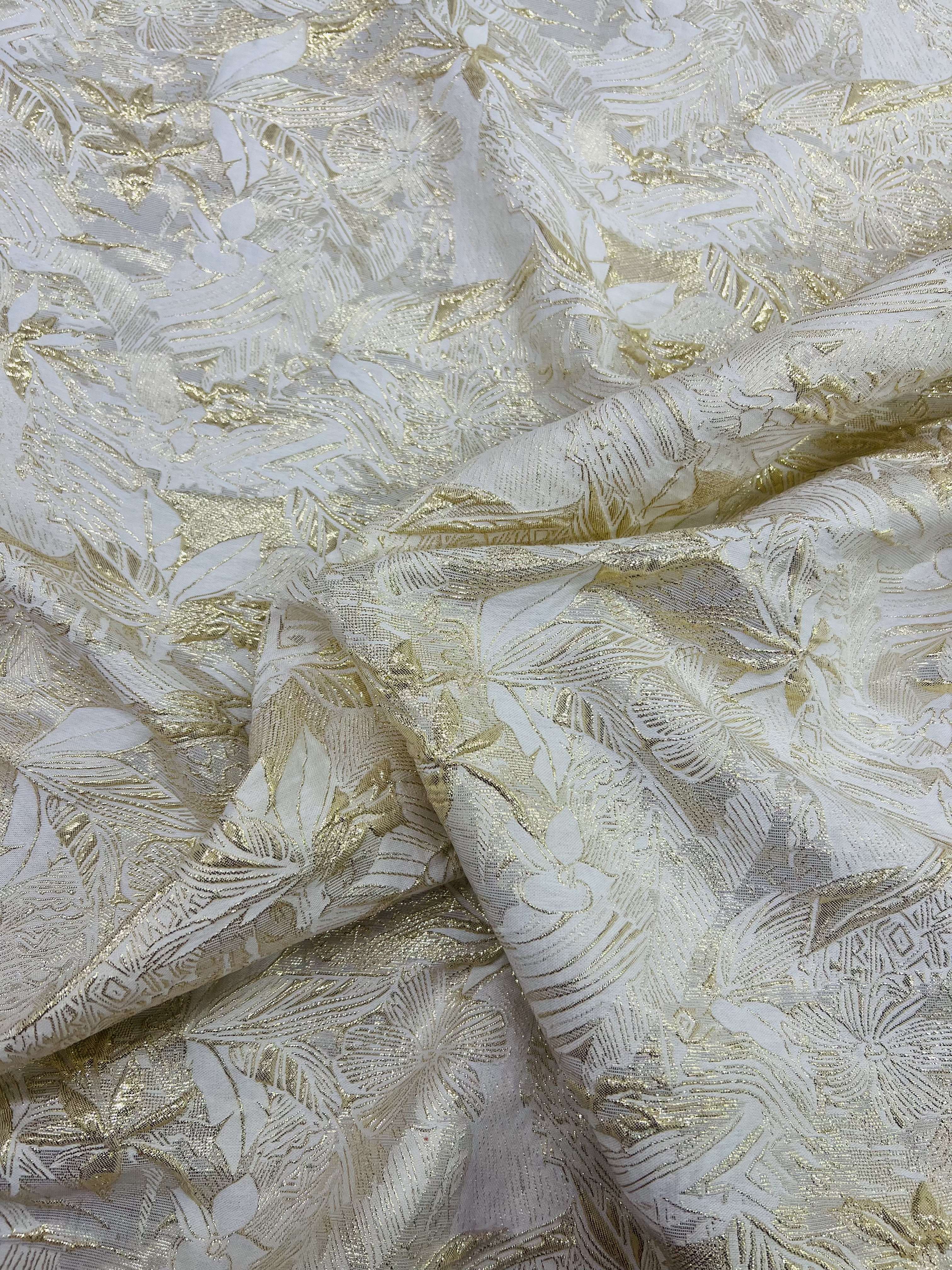 米白金色花叶提花织锦缎闪光金线花卉面料汉服连衣裙时装手工布料