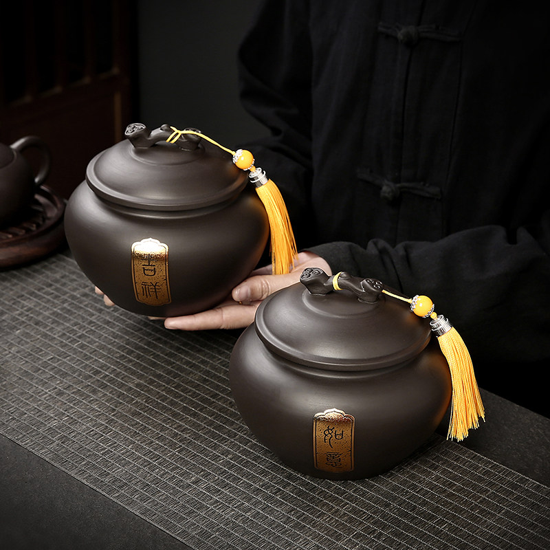 紫砂茶叶罐家用防潮密封罐陶瓷红茶绿茶普洱散茶大号半斤装储存罐