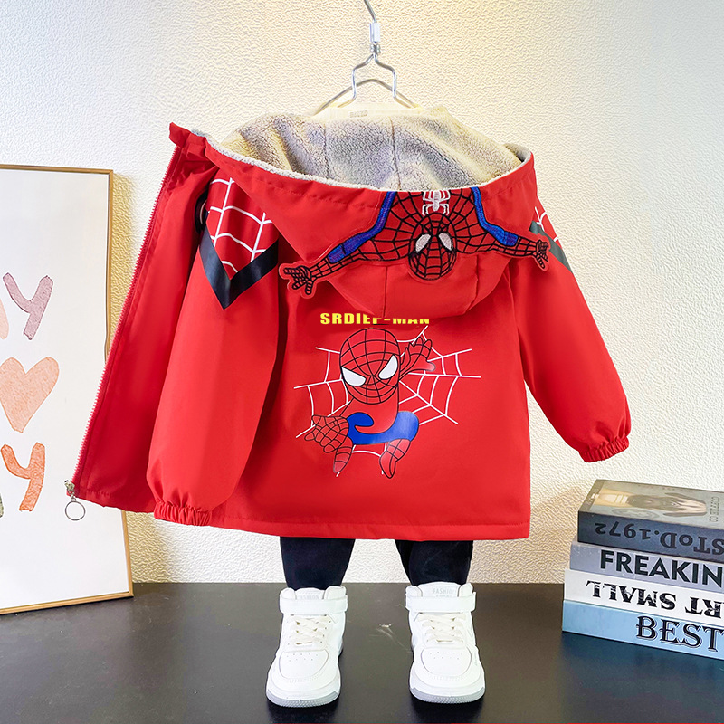 闪灯蜘蛛侠男童加绒外套女童春秋款冲锋衣中小童宝宝卡通奥特曼潮