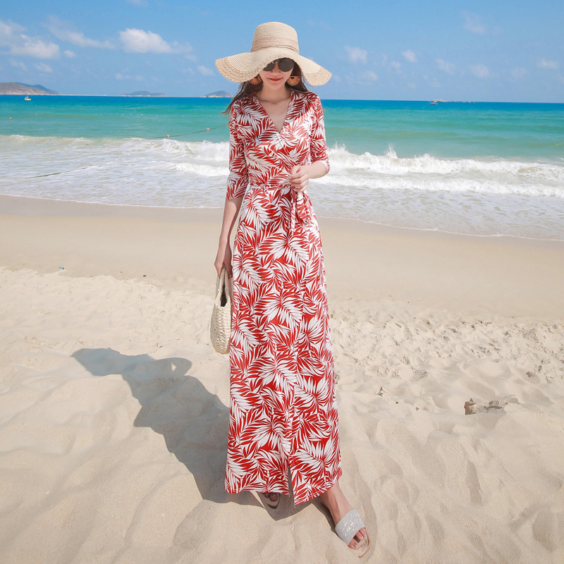 连衣裙女法式新款春夏女装优雅一片式裹身裙长裙子海边度假沙滩裙