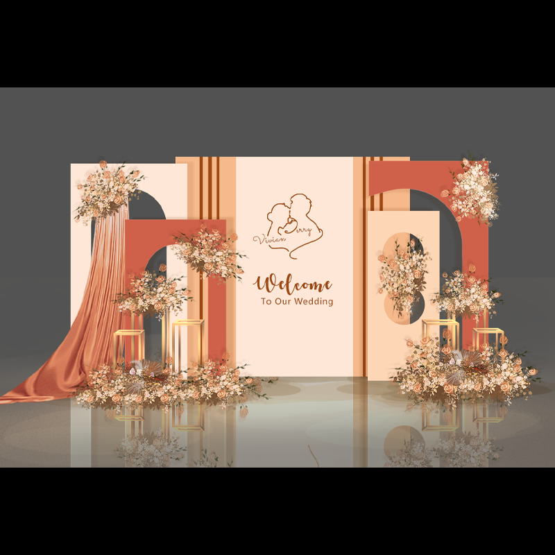 香槟橘色布幔花艺KT板迎宾婚礼PSA分层素材a139