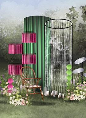 434户外玫红绿色水晶灯笼吊坠花艺布幔婚礼手绘效果图psd源文件