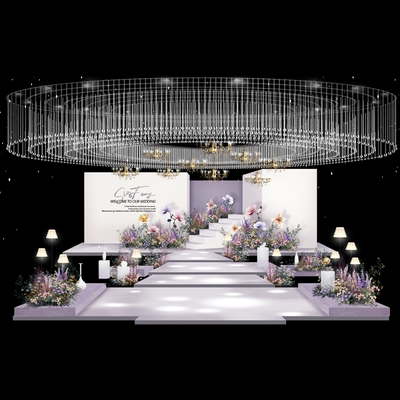 淡紫色格调花艺巨型水晶吊顶舞台迎宾合影婚礼PSD设计素材959