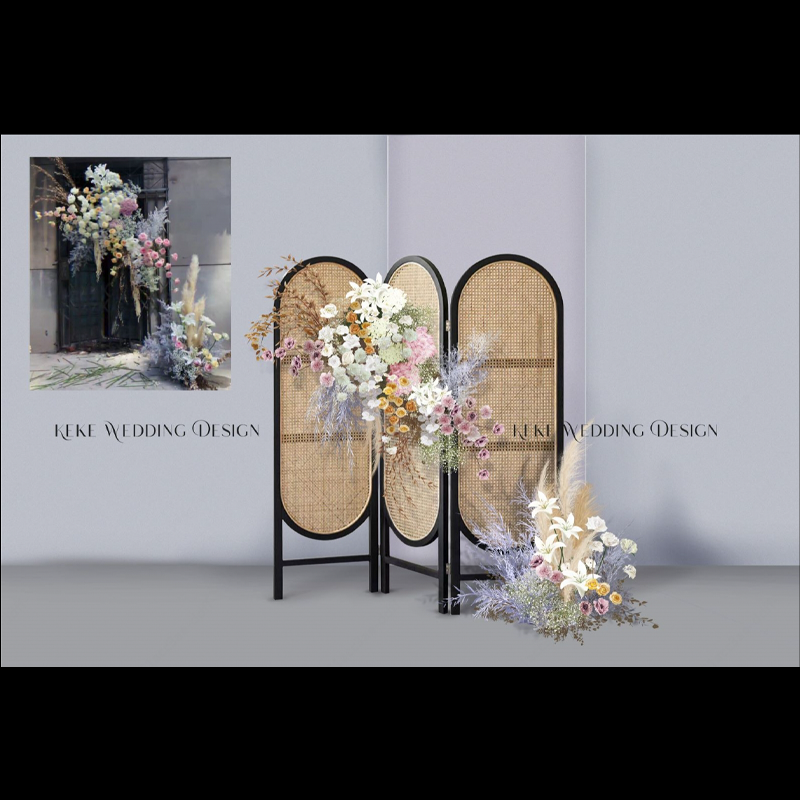 625婚礼手绘效果图藤编屏风自然春天白紫粉色花艺小景观psd素材