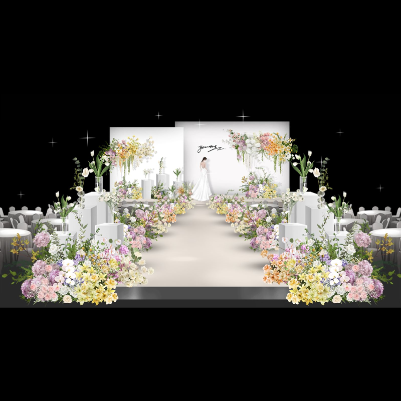 686时尚浪漫清新黄紫彩色花海婚礼效果图照片排版展示区psd分层