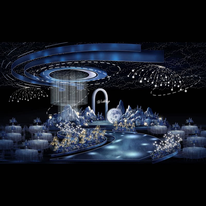536蓝色梦幻星空蓝浪漫婚礼效果图星辰月亮星星婚礼图设计素材psd