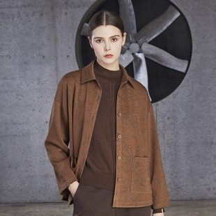 BALUODI芭罗蒂女装专柜秋装时尚深咖色印花H型宽松短款外套女上衣