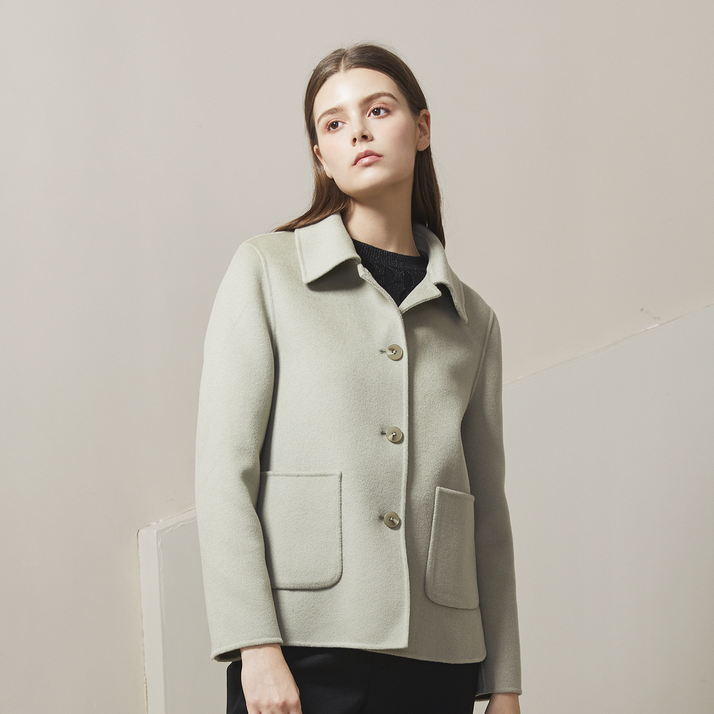 BALUODI芭罗蒂女装专柜冬装时尚灰绿色单排扣口袋翻领短款女大衣