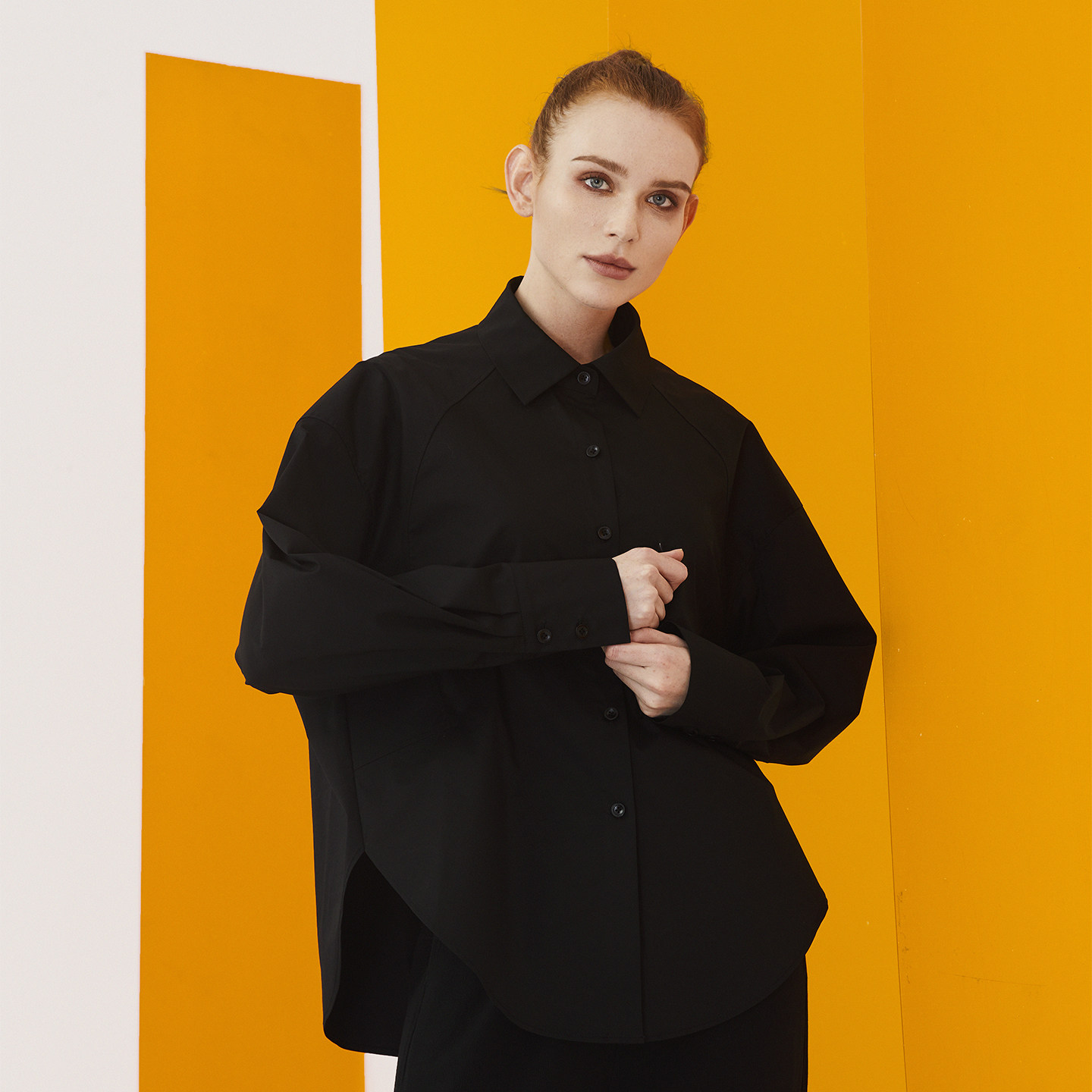 XINSILU新思路女装专柜春装时尚休闲黑色中性风廓形长袖女衬衫