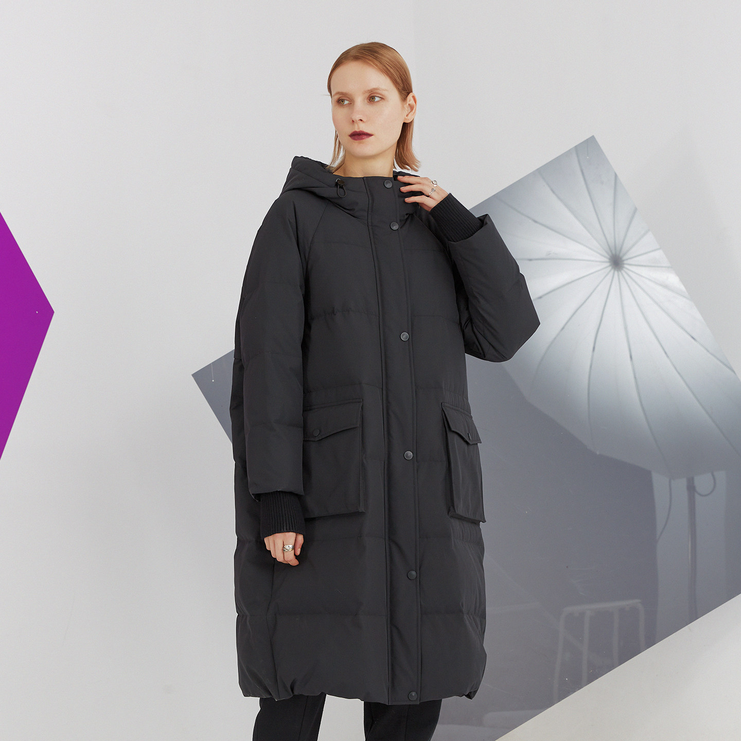 XINSILU新思路女装专柜冬装时尚黑色连帽立体大口袋中长女羽绒服