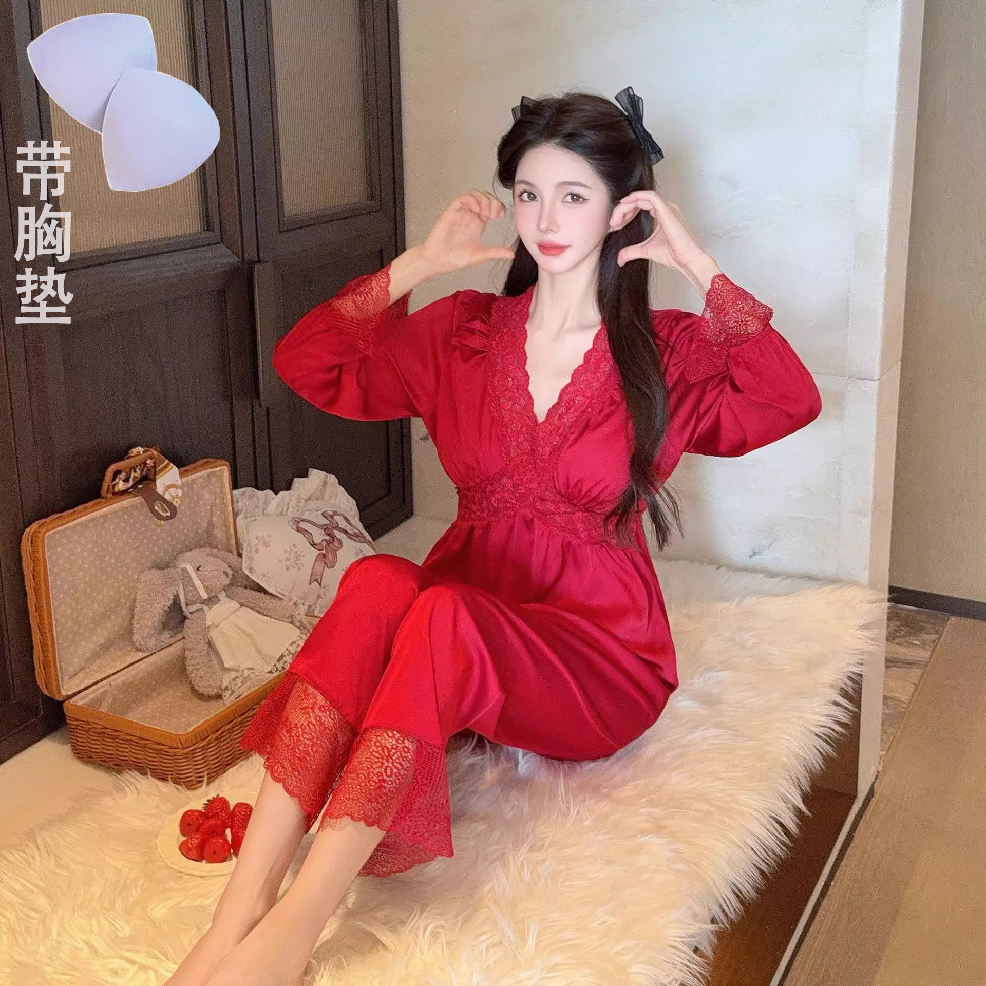 春秋季新款蕾丝睡衣法式轻奢性感红色长袖长裤两件套女家居服套装
