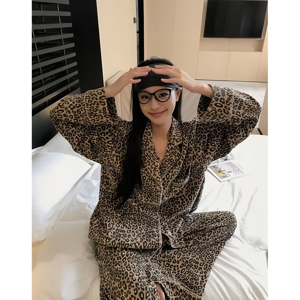 睡衣套装女秋冬季韩版高级豹纹加厚保暖衣长袖开衫大码家居服套装
