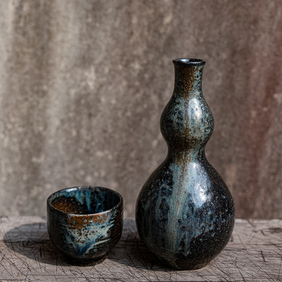 日本手作｜深海蓝焰葫芦烧酒壶侘寂复古进口陶瓷花瓶孤品 栖