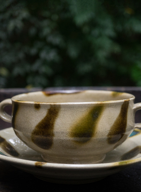 日本手作｜丛林绿釉复古双耳碗沙拉盘汤碗盘套装孤品 栖朔