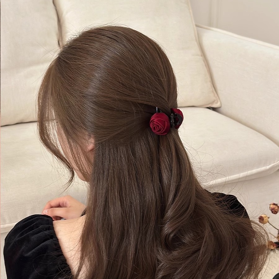安可拉红色玫瑰花朵公主头抓夹小号女侧边头饰发夹后脑勺半扎发