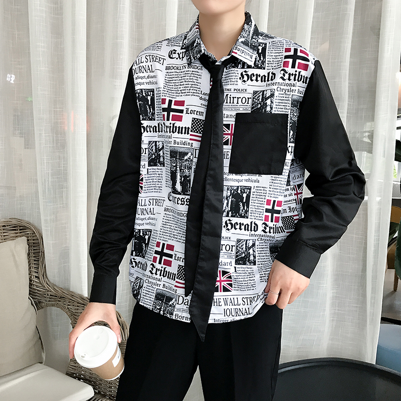 New men's clothes rice character newspaper casual shirt men's fashion long sleeve shirt men