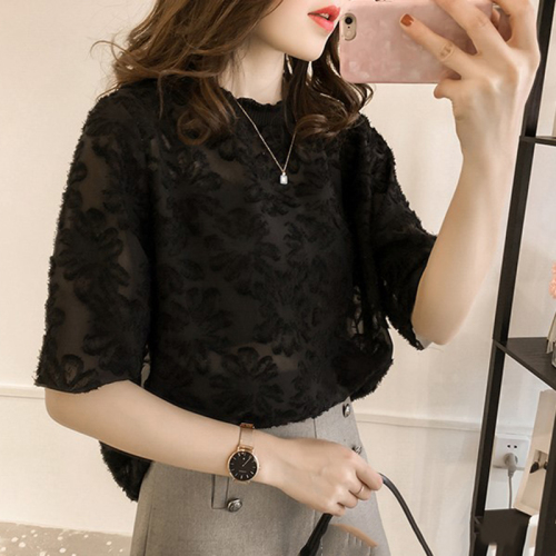 Summer new Korean style burr Flower Chiffon Blouse women's short sleeve top loose solid bottom