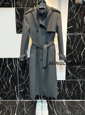 秋冬高级气质通勤风灰色收腰毛呢大衣2025新款女装中长款系带外套