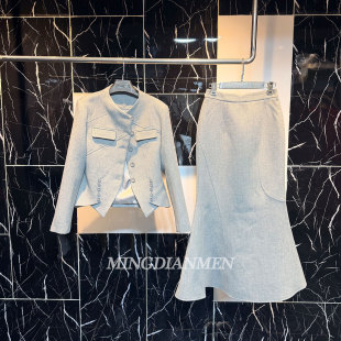 鱼尾裙套装 轻奢优雅风灰色薄毛呢修身 显瘦两件套 新款 2026年春季