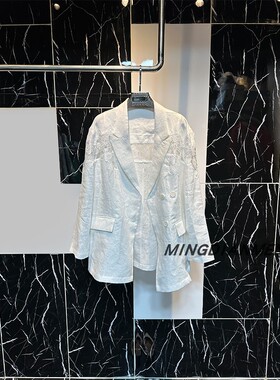 2026春秋行穿搭法式白麻拼接蕾丝花西装外套高级感气质轻奢优雅