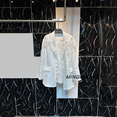 法式白麻拼接蕾丝花西装外套