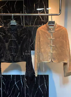 中国风镂空丝绒洋气印花唐装改良2色古风汉服上衣 女春秋盘扣外套