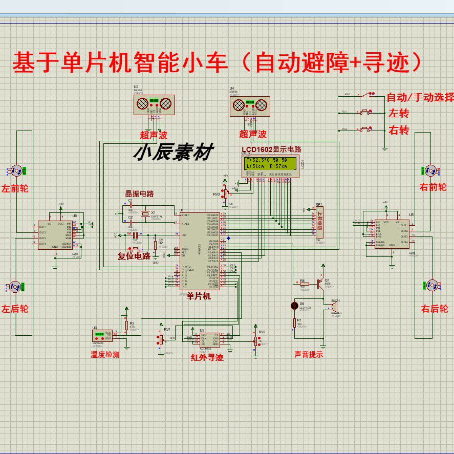 51智能小车双超声波避障 循迹原理图 仿真 代码 参考文档源文件