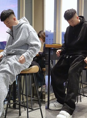 秋冬银丝斜条纹连帽卫衣卫裤套装