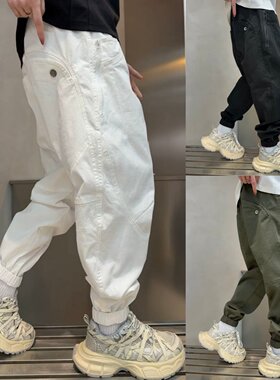 春季新款美式工装拉链束脚休闲裤