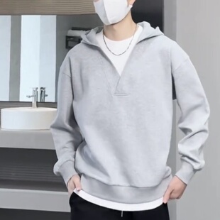 春秋新款高级感假两件长袖V领连帽卫衣男女同款宽松百搭休闲上衣