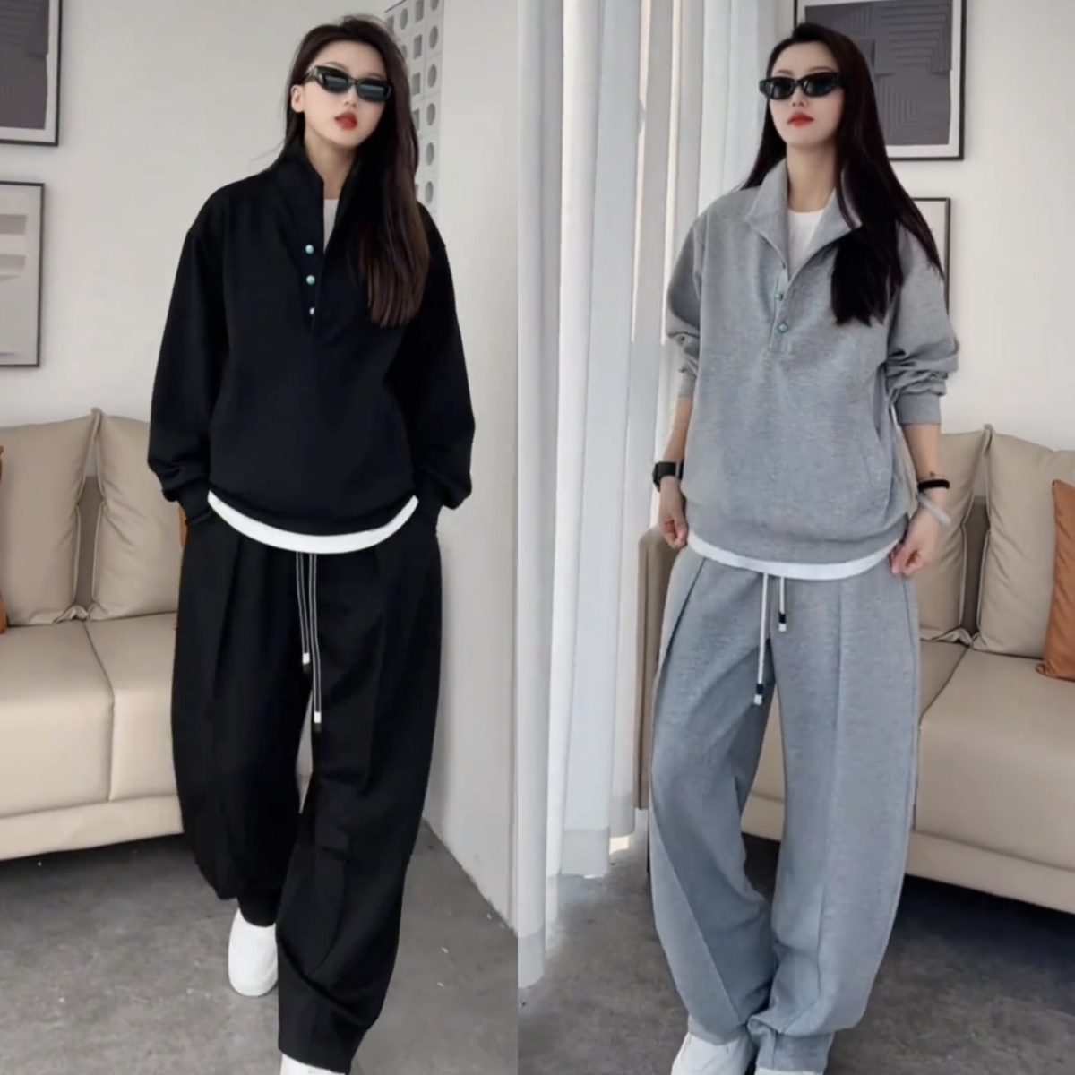 春季韩系高级感绿松石休闲运动套装情侣款时尚百搭卫衣卫裤两件套