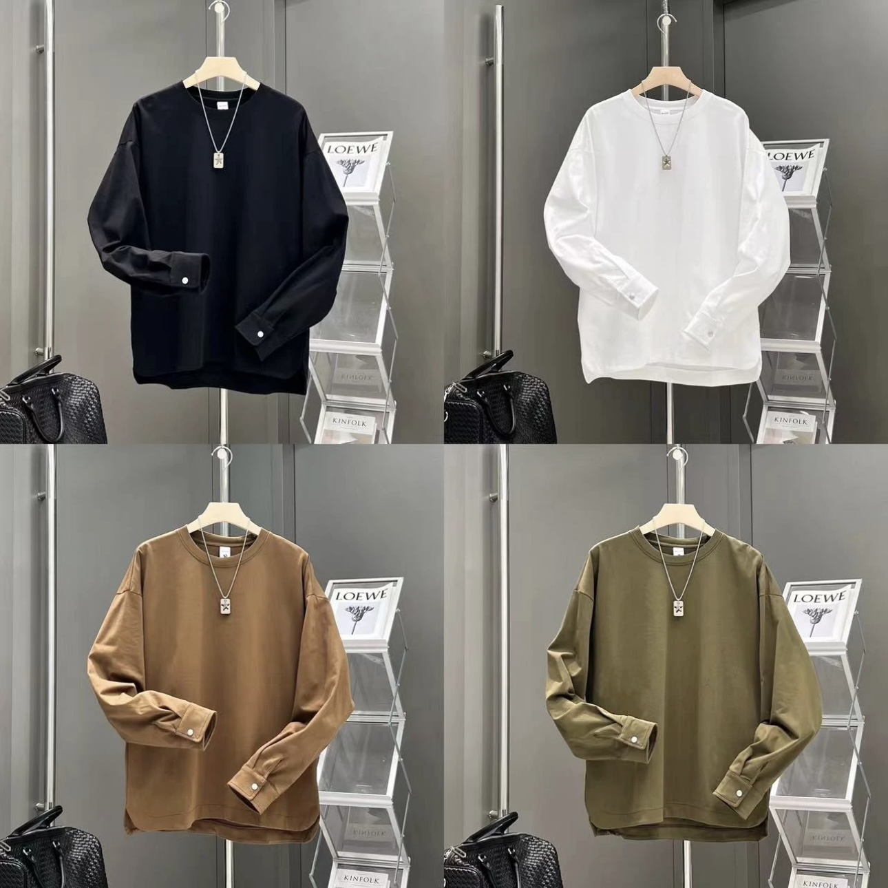 春秋季简约纯色按扣袖口圆领卫衣