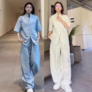 夏季薄款老钱风松弛感时尚休闲套装男女款立领短袖衬衫长裤两件套