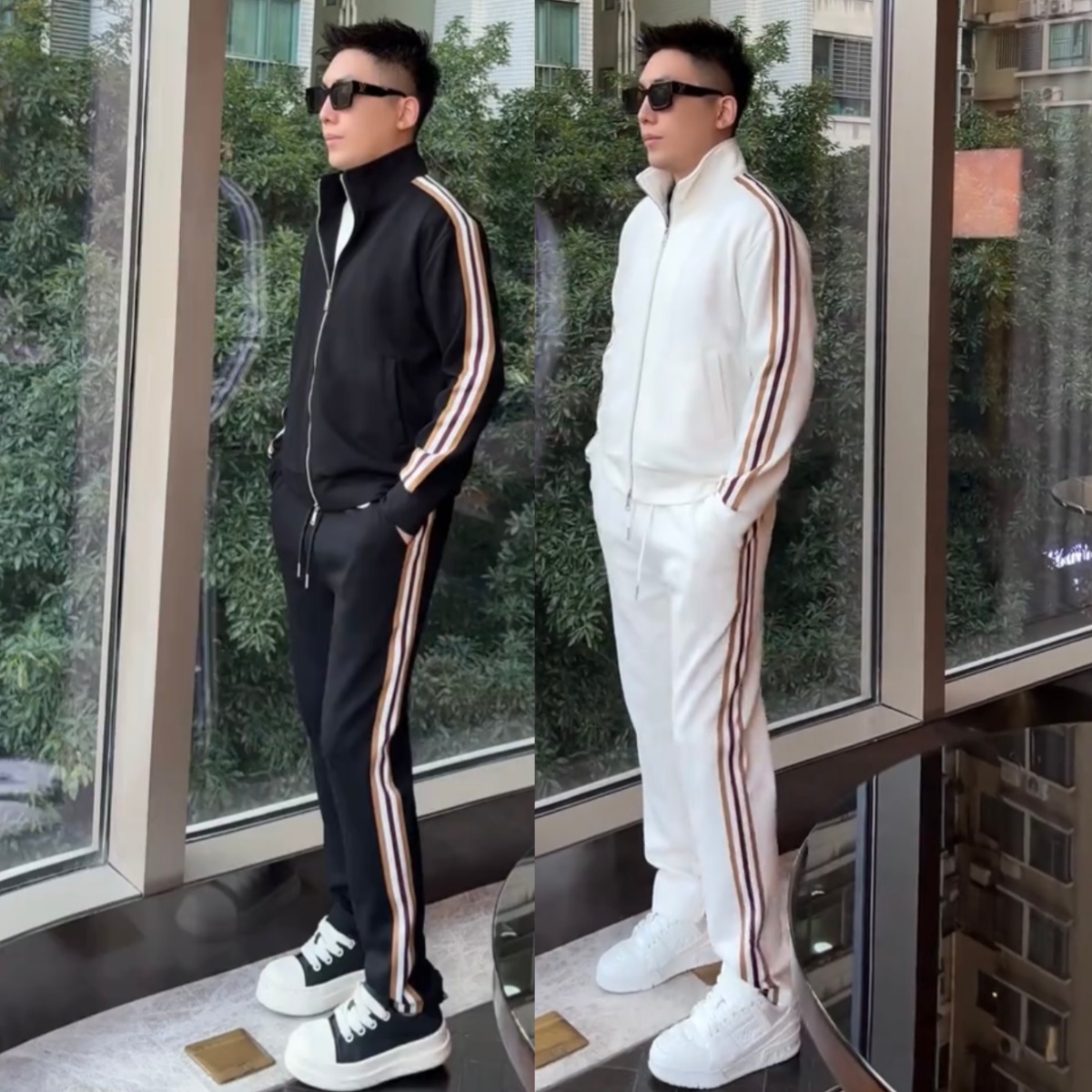 秋季潮牌轻奢拼接条纹休闲套装