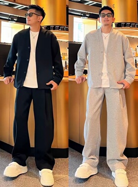春季新款极简风时尚休闲运动套装男士百搭V领开衫卫衣长裤两件套
